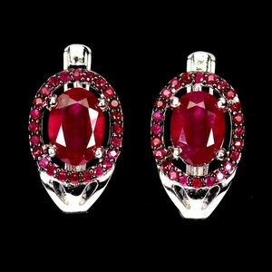 925 Sterling Silver Earrings Oval Ruby 7x5mm Ruby Myanmar Gemstone Jewelry - Picture 1 of 13