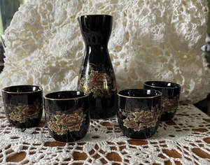 Vintage Japanese Sake Set - 5 Pieces - Black with Gold Floral, Butterfly, Birds - Picture 1 of 9