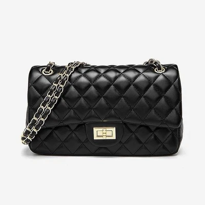 Black Quilted Shoulder Bag with Gold Chain Faux Leather Purse - Image 1 of 4