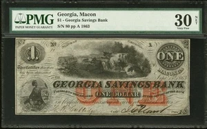1863 Georgien Macon 1 $ Sparkasse seltene veraltete Banknote Bürgerkriegswährung PMG - Bild 1 von 4