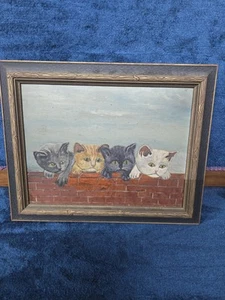 Antico dipinto olio gattini su parete - incorniciato - arte popolare - Foto 1 di 9