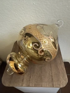 Vintage ägyptisches mundgeblasenes Glas Ornament Bernstein Gold geätzt geprägt groß klar 5 Zoll - Bild 1 von 6