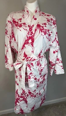 Neiman Marcus Natori Kimono Style Robe Cotton Terry Lined Fuscia Cherry Blossom - Image 1 of 4