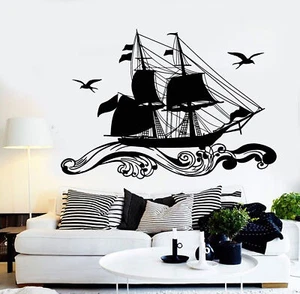 Vinyl Wandtattoo Schiff Matrose Meer Segel Kreuzfahrt Möwe Vögel Wellen Aufkleber 1218ig - Bild 1 von 3