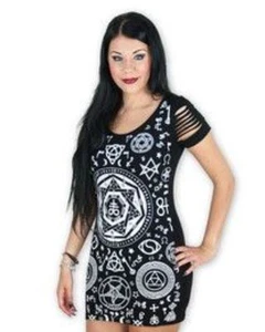 B16 Banned Black Skull Pentagram Mystical Punk Rock Gothic Tunic Top Mini Dress - Bild 1 von 9