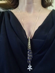 Gorgeous 18k dual tone diamond blue Kyanite pendant tassel necklace 17"-22" - Picture 1 of 10