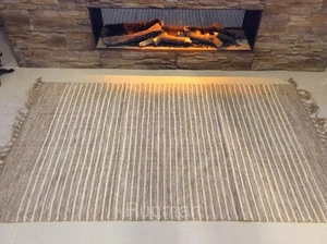 Striped Natural Cotton Jute Handloomed Cream Beige Washable Reversible Area Rugs - Picture 1 of 17