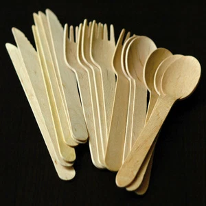 300 x Einweg HOLZBESTECK Set Pack - Gabeln (100), Messer (100), Löffel (100) - Bild 1 von 5