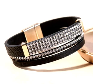 SHIMMERY Faux Black Leather Straps Rhinestone Crystals Magnetic Clasp Bracelet - Picture 1 of 3