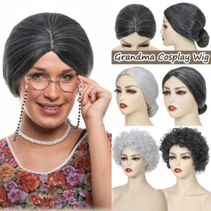 Old Lady Grey Bun Wig Womens Gangster Granny Wigs Fancy Dress Costume Accessory - Picture 1 of 14