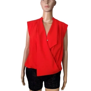 Sheike Womens Top blouse Sze 8 Red Sleeveless Faux Wrap V Neck bishop collared - Picture 1 of 5