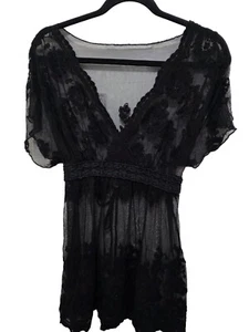 Corbata de cintura y escote en V de fiesta playera encubrimiento de encaje floral negro transparente para mujer - Imagen 1 de 6