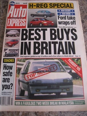 AUTO EXPRESS JUL 3 1990 PEUGEOT 105 H-REG BOOM TOM FARMER KWIK FIT COACH SAFETY - Image 1 of 3