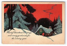 1920s-30s Christmas Card Winter Scene House Horse Carriage Art Deco