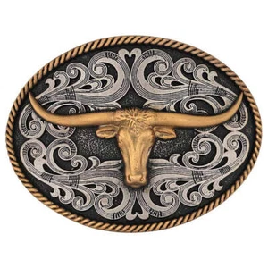 A1015P Montana Plateros Dos Tonos Longhorn Vaquero Actitud Cinturón Hebilla NUEVO - Imagen 1 de 1