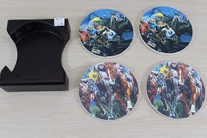Horse Racing Horses Jockey 4 Coaster Set with Holder Cork Bottom Crute 2000 - Picture 1 of 7