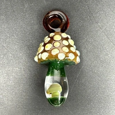 Handmade Art Glass Sculpted Double Mushroom Pendant Green Amber Tan Boro Fungi - Image 1 of 4