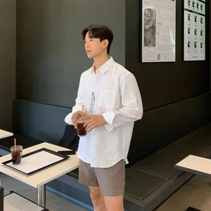 Lapel Linen Long-sleeved Shirt Men Korean-style Casual Outwear Spring/summer Top - Picture 1 of 23