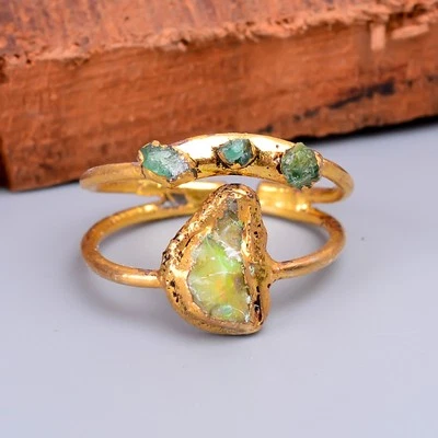 Натуральный эфиопский опал позолоченный подарок жене кольцо с электроприводом вечность ювелирные изделия - Изображение 1 из 4