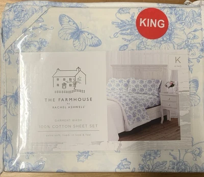 Juego de sábanas Rachel Ashwell The Farmhouse KING azul floral algodón Shabby Chic Foto 1 de 4