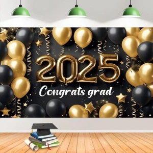 Black Gold Graduates Theme Background Happy Graduation Banner Studio Prop - Picture 1 of 7