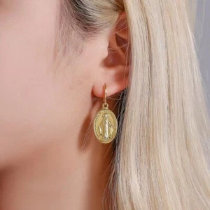 Brass with 18K Gold Plated Virgin Mary earrings tassel dangle drop jewelry Gift - Picture 1 of 9