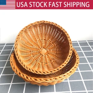 Imitation Rattan Round Shaped Fruit Baskets Large Capacity Kitchen Food Bread - Picture 1 of 14