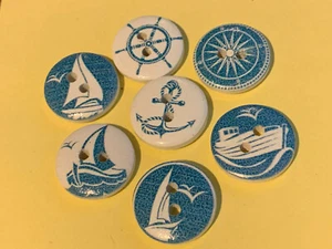 7 Nautical Button Set,3 Sailboat,Power Boat,Anchor,Wheel,Compass 5/8" Blue,White - Picture 1 of 2