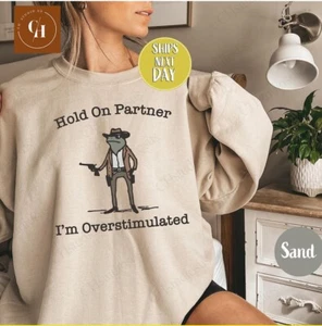 Hold On Partner I'm Overstimulated Cowboy Frog Funny Meme Sweatshirt - Picture 1 of 7