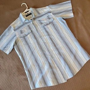 Vintage Cowboy Schnitt Western Style Baumwolle Polyester Kurzarm Blau Streifen Canyon - Bild 1 von 17