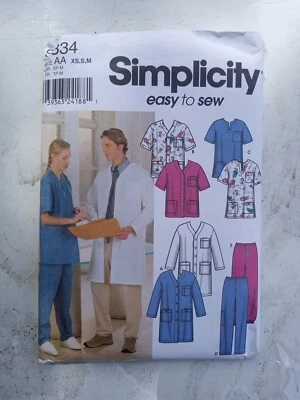 Simplicity 9334 Unisex Lab Coat Top Pants Scrubs Jacket Sewing Pattern XS-M UC - Image 1 of 3