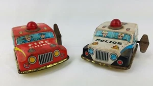 Japanese Tin Litho Toys ~ Toy Hero ~ Fire Cheif & Police Patrol ~ Wind Up Cars - Picture 1 of 8