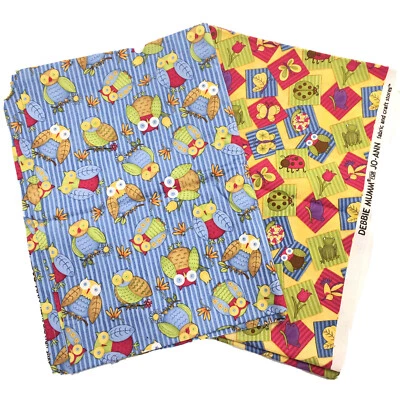 Debbie Mumm Quilt Fabric Owls Animals Cotton 2pc Lot 3yds Frog Ladybug Snail New - Image 1 of 3