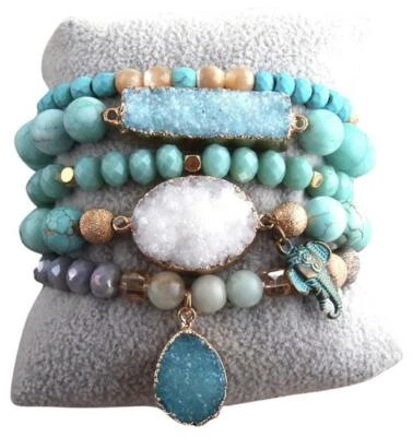 SET OF 5 BRACELET NATURAL ROUND TURQUOISE QUARTZ TIGERS EYE SODALITE SPIRITUAL - Image 1 of 4