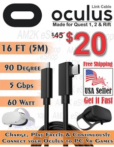 For Oculus Quest 1, 2 & Rift Link Cable 16ft (5m) Super High Speed 5GBps Black - Picture 1 of 9