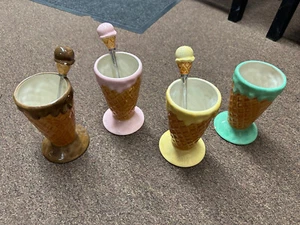 Vintage Ice Cream Waffle Cone Shaped Cup Glasses 4 Colors Set of 4 w/ Spoons - Picture 1 of 10