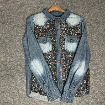MUDD Juniors Girls Distressed Denim Floral Size Large Western Button Up Shirt - Imagem 1 de 4