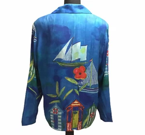 Vintage Womens Sz S Jacket Tropical Sailboats 80s Cruise Island Beach Popovitch - Picture 1 of 6