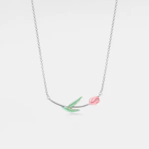Zierliche horizontale rosa Tulpe Blume Bettelkette in 925 Sterling Silber - Bild 1 von 5