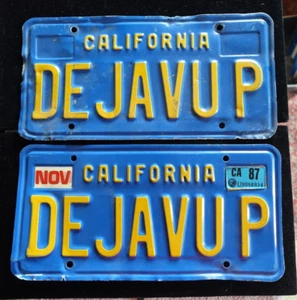 Vintage Orig Matching California License Plate Vanity Pair "DE JAVU P" 1987 - Picture 1 of 2