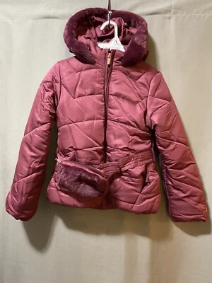 NWT TAHARI Girl Belted Bag Faux Fur Lined Hooded Puffer Jacket Size 7/8 Burgundy - Image 1 of 4