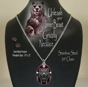 COLLAR ESCUDO PLUMA ÁGUILA PARDA GRANDE OSO GRIZZLY CADENA ACERO INOXIDABLE - Imagen 1 de 11