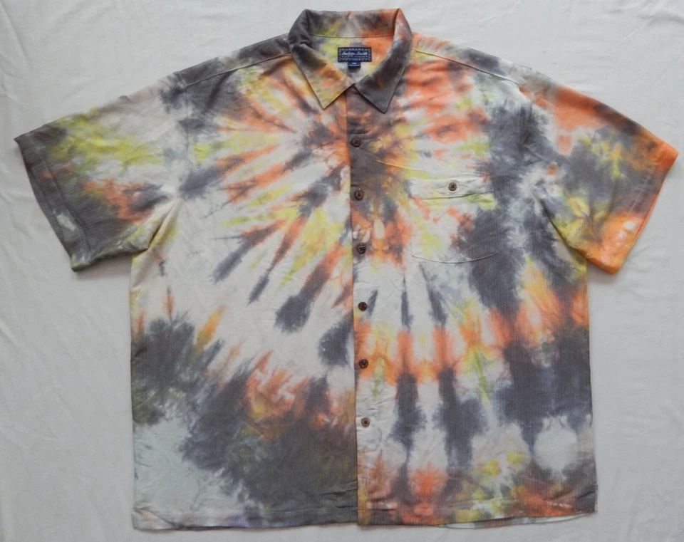 Camisa Tie Dye Naranja Negra Manga Corta Abotonada - 2XL Grande Para Hombre Hecha a Mano 2XB Foto 1 de 4