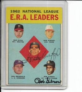 1963 Topps N.L. ERA Leaders Sandy Koufax, Bob Gibson, autograph baseball card# 5
