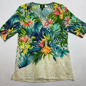 JM Collection Studded Top Women's M Multicolor Short Sleeve Floral - Picture 1 of 12