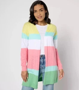 Denim & Co. Women's Beach Multi Stripe Cardigan Sunny Lime Medium A647423 - Picture 1 of 7