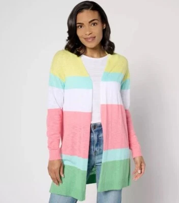 Denim & Co. Women's Beach Multi Stripe Cardigan Sunny Lime Medium A647423 - Image 1 of 4