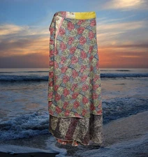 Womens Wrap Long Skirt, gift, Beach Cover Up, Gray Printed Two Layer  One Size