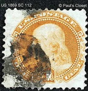 US SC 112~1¢ B. FRANKLIN BUFF "G" GRILL 1869 UNG FINGER PRINT BLACK CANCEL F/VF - Picture 1 of 2