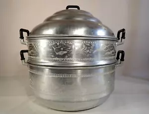 VINTAGE EXTRA LARGE 2 TIER SEAFOOD ENGRAVED ALUMINIUM STEAMER AND LID - Picture 1 of 8